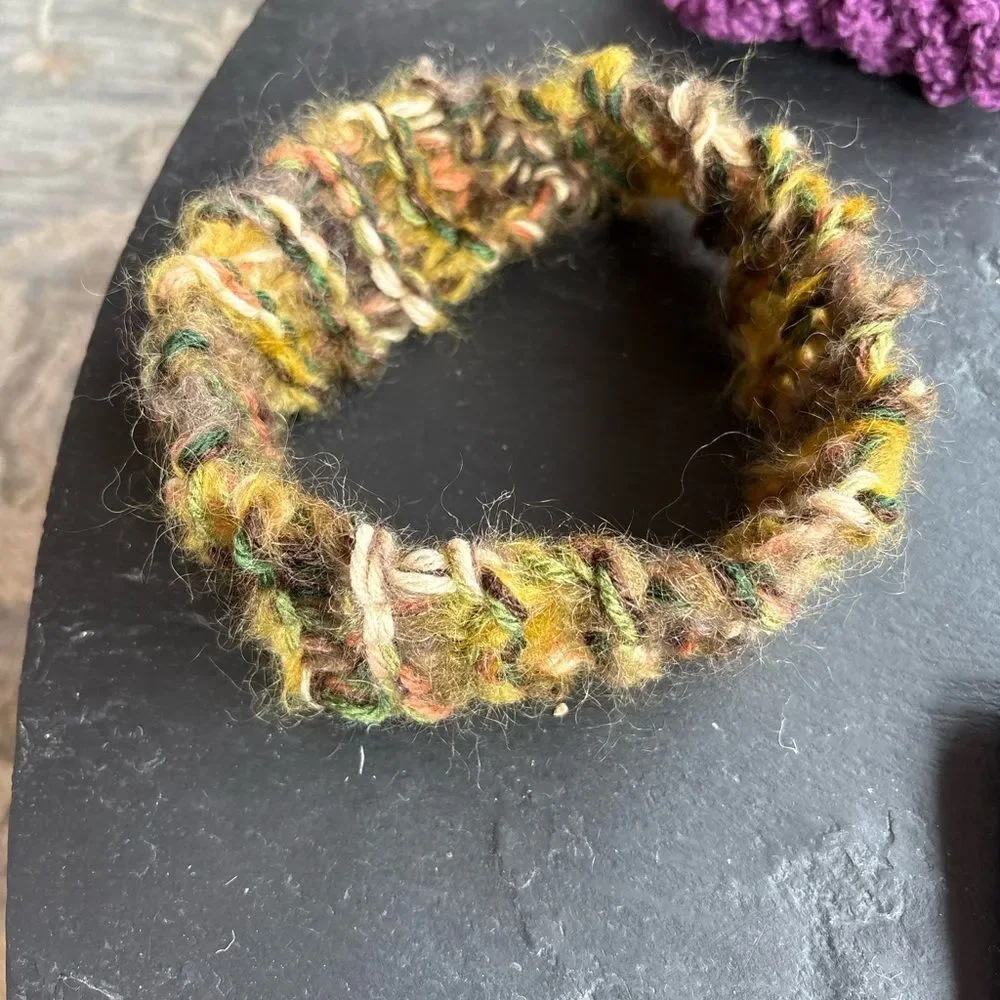 Handmade three strand mohair and wool brown green gold coral cream moss headband